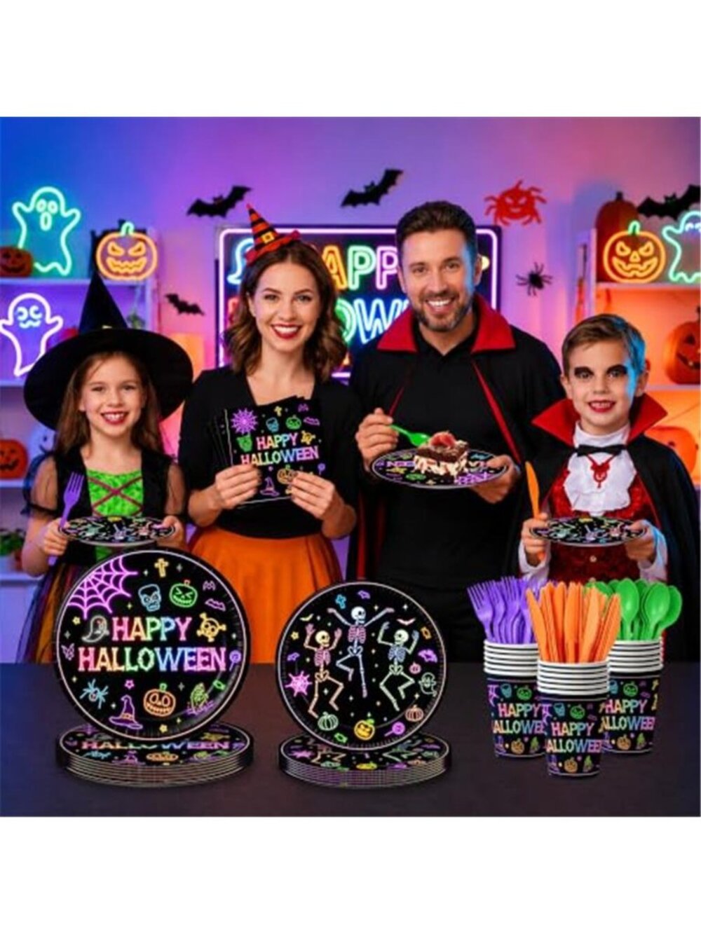 168pcs Halloween Plates Napkins Party Supplies Neon Black Party Decorations | - Picture 6 of 7